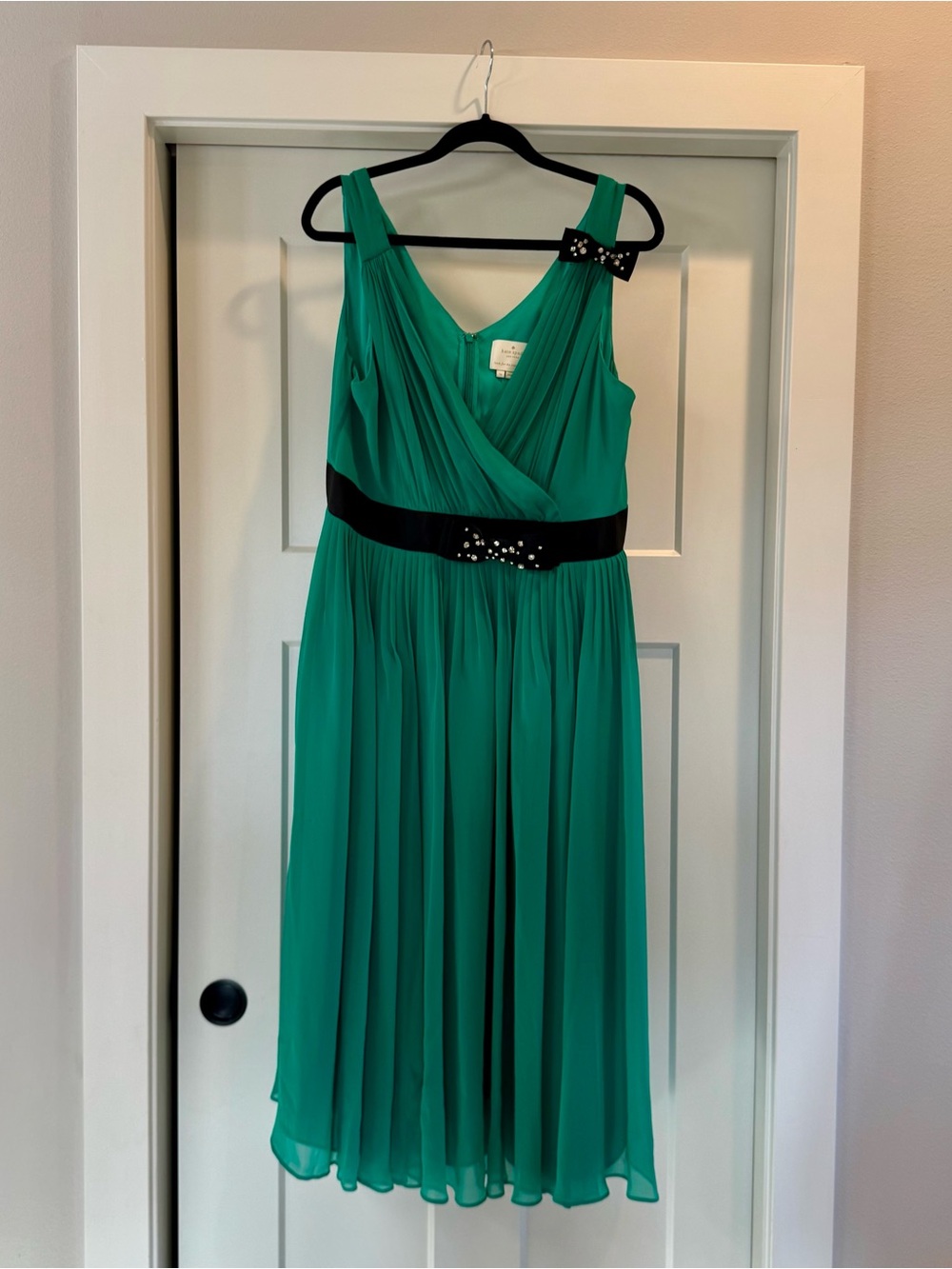 Kate Spade Emerald Green Rhinestone Bow Chiffon Dress - size 16